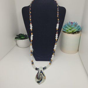 26" AB White, Copper, and Gold Glass Bead Necklace with Lampwork Glass Pendant